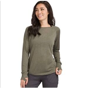 PrAna Iselle Olive Green Long Sleeve Shirt Thumb-loops Hemp Blend Womens Medium